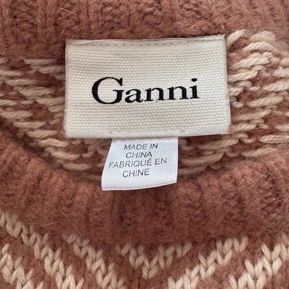 Ganni Candy Floss Wool Angora Tan Beige Chevron Print Crewneck Sweater Anthro XS - Picture 4 of 7